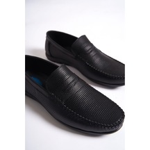 Mubiano Hakiki Deri Srg333s İç Dış Zımba Detaylı Erkek Loafer Siyah