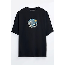 Yıldızlı Gece Wave - Dalga Baskılı Unisex Siyah - Beyaz - Turuncu - Bej Oversize T-shirt SIYAH