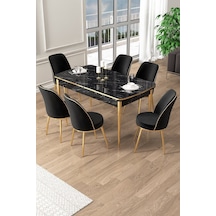 Canisa Pale Serisi 80x132 Açılabilir Siyah Mermer Desen Mutfak Masa Takımı 6 Siyah Sandalye Gold Detay Masa Siyah Mermer Desen Sandalye Siyah Gold Ayak