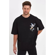 Yake Store Erkek Melek Baskılı Oversize T-shirt - Siyah - Siyah