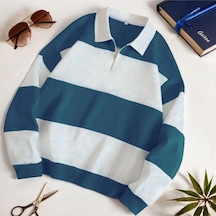 Fifty Color Unisex Petrol Mavi Polo Yaka Kışlık Sweatshirt İçi Polarlı Petrol Mavi