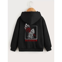 Çocuk Unisex Kapüşonlu Ön Ve Arka Blessed Baskılı Sweatshirt - Siyah