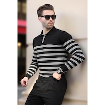 Siyah Düğmeli Polo Yaka Çizgili Uzun Kollu Kazak 7270 Siyah