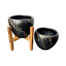 BİTKİ TASARIMI EV DEKORASYON SİYAH ÜZERİ GOLD MERMER EFEKTLİ TOPRAK SAKSI SAKSILIK SALON ÇİÇEKLİK İKİLİ SET AYAKSIZ - 4 AYAKLI- 15 CM