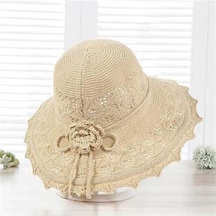 Bej Kadın İnce Katlanabilir Güneş Hasır Şapka One Size