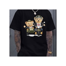Caddemia Yaz Moda Rahat Spor Gevşek Ayı Karikatür Desen Baskılı Yuvarlak Boyun Kısa K Siyah 2XL
