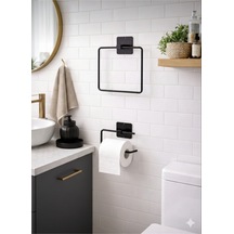 Yapışkanlı Kare Havluluk Havlu Askısı Ve Tuvalet Wc Kağıtlık Pratik Banyo 2'li Set Siyah Diğer