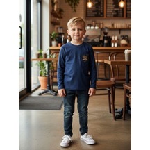 Zekids Erkek Çocuk Pamuklu Baskılı İnce Uzun Kollu T-shirt-16401 Lacivert