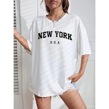 Kadın New York Baskılı Tişort Kısa Kol Bisiklet Yaka T-shirt - Beyaz
