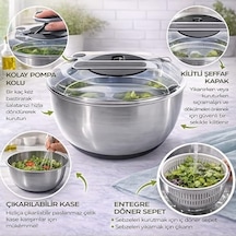 Paslanmaz Çelik Salata Kurutucu Salad Spinner Kapaklı Süzgeç Sepetli, Kaymaz Taban, Hızlı Kurutma & Karıştırma Kasesi, Büyük Boy Mutfak Hazırlık Kabı Açık Mavi