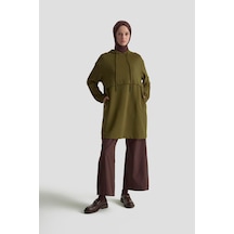 Armine Trend Kapüşonlu Yandan Cepli Kolları Lastikli Fitilli Tunik Yağ Yeşili 25kt462 Yağ Yeşili