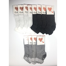 12 Çift Desenli Kadın Patik Çorap 16pat Beyaz - Füme - Siyah