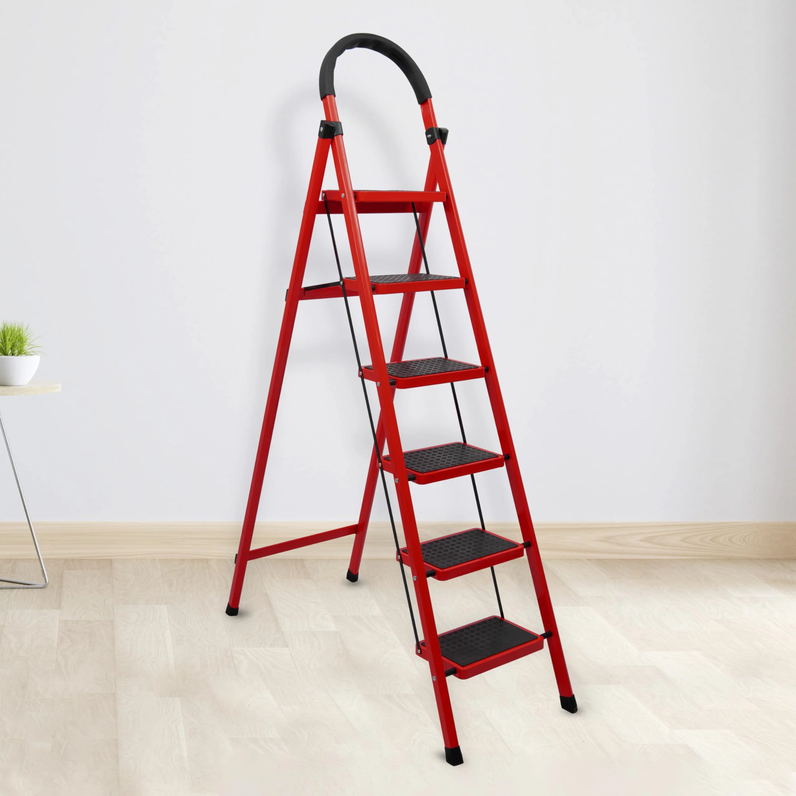 Asil Metal 6 Basamaklı Katlanır Merdiven Kaymaz Yüzeyli Basamaklı Ev Tipi 150 Kg Taşıma Kapasiteli Kırmızı 1 Adet
