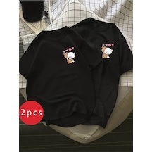 Nevermind Sevgili Kombini Ayıcık Kalp Baskılı Çift Tişört Oversize Unisex P Siyah