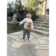 2-3-4 Yaş Ayıcık Sallanan Ayak Desenli Likra Penye Kumaş Sweat Pantolonlu Kız Erkek 2li Çocuk Takımı 001