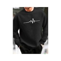 Medinenur Nabız Baskılı 2 İplik Şardonlu Bisiklet Yaka Sweatshirt Siyah