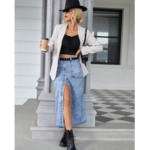 Pass&pass 2102-etk Kadın Likralı Önden Düğmeli Jeans Kot Denim Uzun Etek Kar Çok Renkli