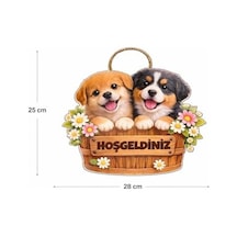 28-25 Cm Hoş Geldin Köpek Çiçek Dekorlu Ahşap Kapı Süsü, Kapı Bahçe Önü Süsü