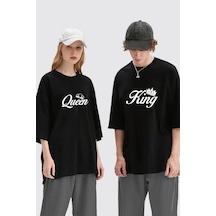 Unisex Kadın Erkek King Queen Baskılı Sevgili Çift Kombini Tasarım Oversize T-shirt 2'li Set Siyah Mck1951 Siyah