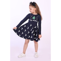 Toontoy Kız Çocuk Merry Chrıstmas Yazılı Geyik Baskılı Elbise Lacivert