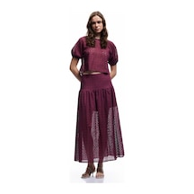 Koton Koton X Melis Ağazat - Pamuklu Astarlı Brodeli Fistolu Kısa Kollu Bisiklet Yaka Bluz Bordo 5sak60406uw Bordo