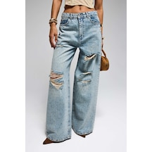 Itsbasic Kadın Kot Rengi T-12s6-32 Süper Baggy Orta Bel Parlak Taşlı Özel Tasarım Denim Jean