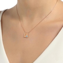 925 Ayar Rose Gümüş Mavi Taşlı Kare Kolye 531449680