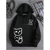 Ayıcık Baskılı 3 İplik Kapüşonlu Ünisex Oversize Sweatshirt Siyah Siyah