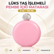 Lüks Taş İşlemeli Renkli Paslanmaz Çelik İçki Matarası 5 Oz 150 Ml. Cep Çanta Kamp Outdoor Hediyelik Pembe