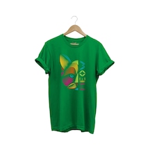 Meow Renkli Geometrik Kedi Baskılı %100 Pamuk Unisex Regular Fit T-shirt Yeşil