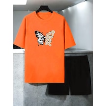 Uyguntarz Unisex Papatya Kelebek Tasarım Basklı Tshirt Şort Takımı Turuncu
