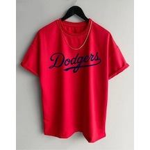 Flood Of Style Erkek Beyaz Dodger Baskılı Oversize Bisiklet Yaka Penye Tişört Kırmızı