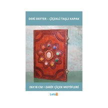Taşlı Deri Defter Çiçek Motifli Büyük Boy 26x18 Cm Çok Renkli