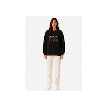 Herkesemoda Bloom Baskı Detaylı Şardonlu 2 İplik Bisiklet Yaka Sweatshirt Siyah