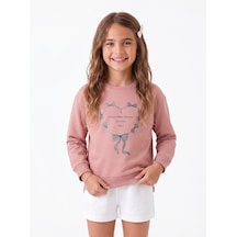 Onloox Kız Çocuk Gülkurusu Kız Çocuk Gülkurusu Pamuklu Bisiklet Yaka Simli Kurdele Kalp Baskılı Sweatshirt 9-14 Yaş