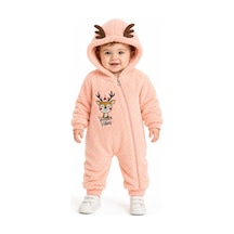Tatlı Geyik Nakışlı Welsoft Peluş Kapüşonlu Fermuarlı Kışlık Unisex Bebek Tulumu 40212 Somon