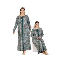 Lady Desenli Ve Boydan Düğmeli 7288 Kadın Uzun Kol Düğmeli Yaka Büyük Beden Anne Gecelik, Elbise Siyah - Yeşil