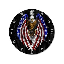Ahşap Zeminde Amerikan Bayrağı Kanatlı Kartal Duvar Saati Ahşap