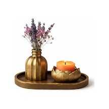 Mireva Lotus Tealight Mumluk Ve Mini Vazo Seti Dekoratif Tepsi Üzerinde Altın Renk Mumluk Seti, Masa & Sehpa Ev De Çok Renkli