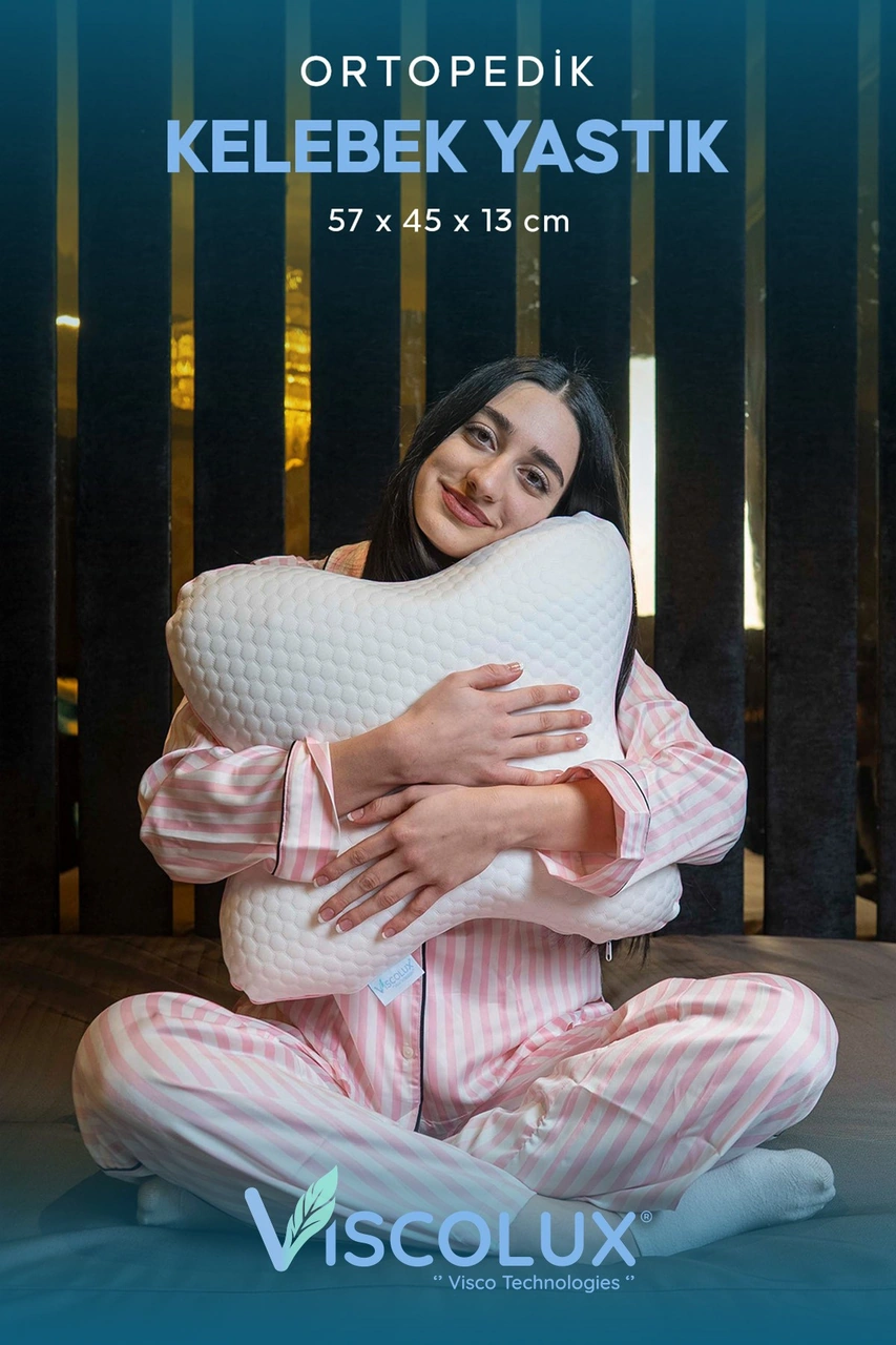 Visco Kelebek Yastık - Özel Ortopedik Boyun Destekli Visco Yastık 57x45x13 Pembe