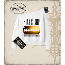 Tarzsokak Gotik & Grunge Streetwear Stay Sharp Kayık Yaka Sweatshirt Beyaz