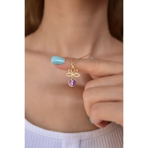 925 Ayar Gümüş Mor Mineli S Harf Lotus Çiçeği Kolye