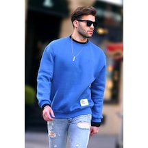 Madmext İndigo Bisiklet Yaka Oversize Şardonlu Arma Detaylı Erkek Sweatshirt 7043-indigo İndigo