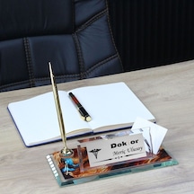 Doktorlara Özel Kişiye Özel Kristal Saatli Masa Üstü İsimlik Kalemli & Kartvizitlikli Doktor Ofis İsimliği Renksiz