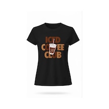 Kadın Siyah Iced Coffee Baskılı Pamuklu Tişört Siyah