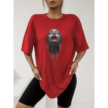 Uyguntarz Unisex Pırlantalı Kadın Portresi Tasarım Basklı Tshirt Kırmızı