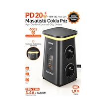 Exenar - Siyah - Akım Korumalı 4'lü Priz 20w Pd Hızlı Şarj Usb-a Ve 2x Usb-c Çıkışlı Katlanabilir Gece Lambalı Güç Ünitesi 1.9 M
