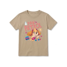 Urbantrendstore Paw Patrol Özel Tasarım Unisex Kız Çocuk Erkek Çocuk Bisiklet Yuvarlak Yaka Basic Kısa Kollu %100 Pamuk Tişört Bej