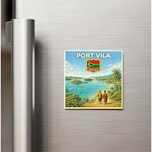Retro Vanuatu Port Vila Şehri Temalı Vintage Buzdolap Magneti 9x9 Cm