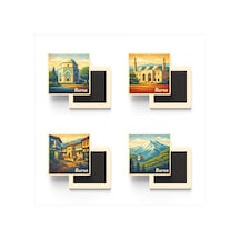 Bursa - 4'lü Memleket Seti - Baskılı Buzdolap Magneti Kare - 9x9 Cm - 4 Adet